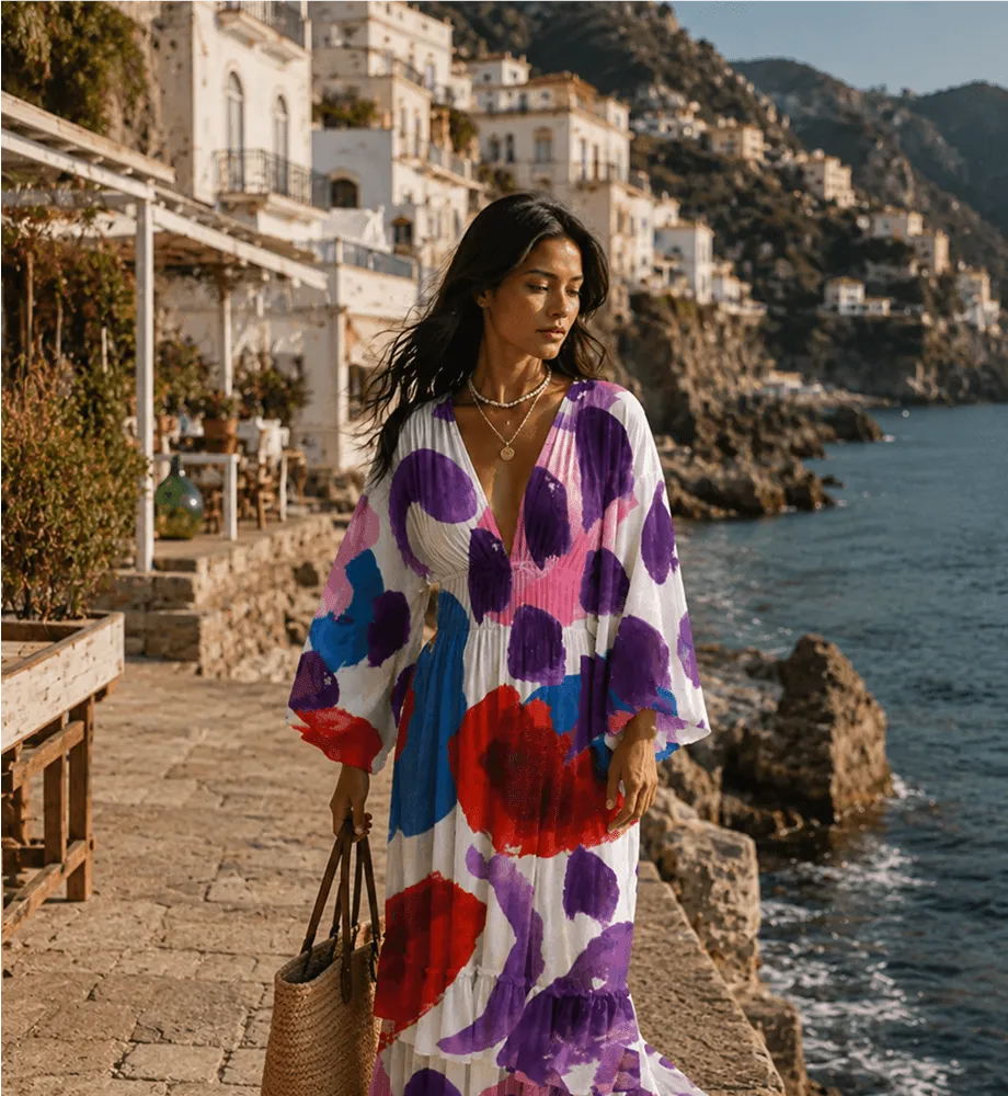 A Platfora print worn as a dress on a coastal walkway, shown at the scale and context buyers judge it in