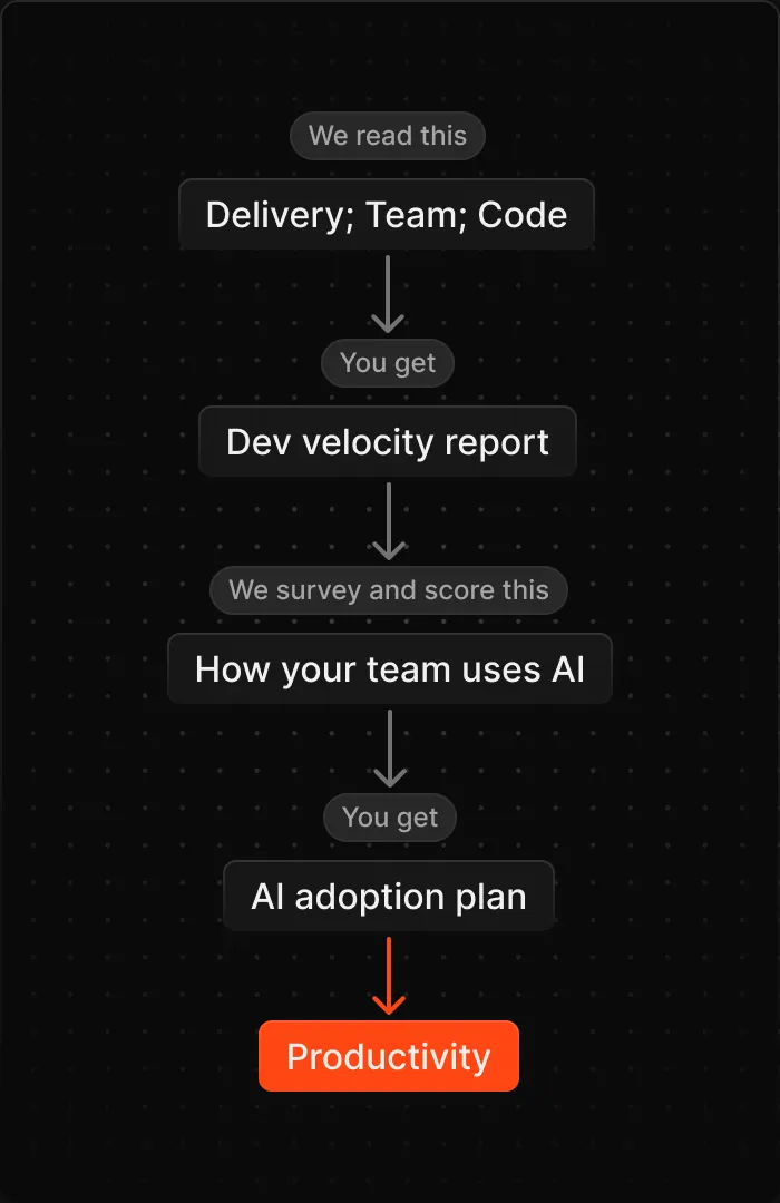 We read your delivery, team and code to produce the dev velocity report, and survey and score how your team uses AI to produce the AI adoption plan. Both lead to productivity.
