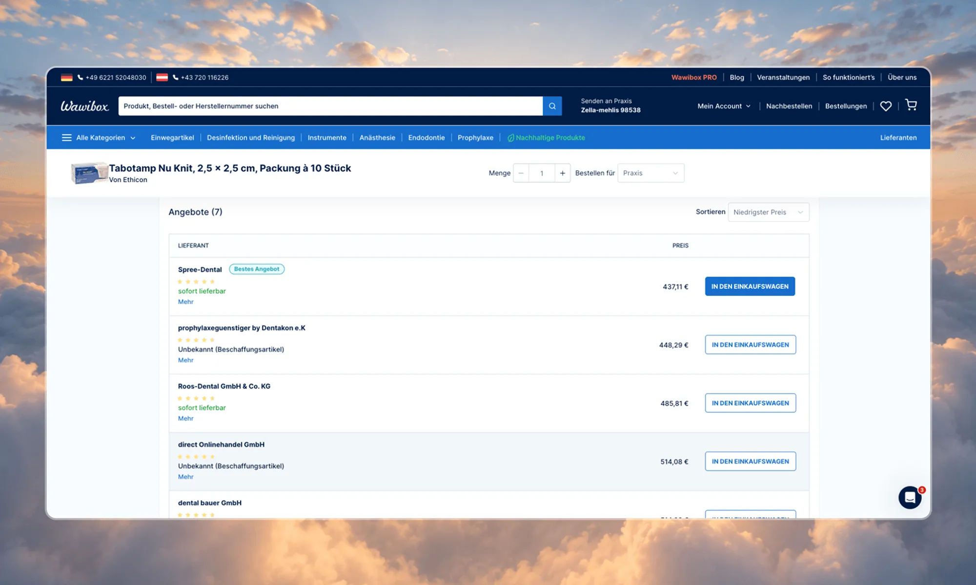 Wawibox marketplace search results listing supplier offers for the same dental products side by side