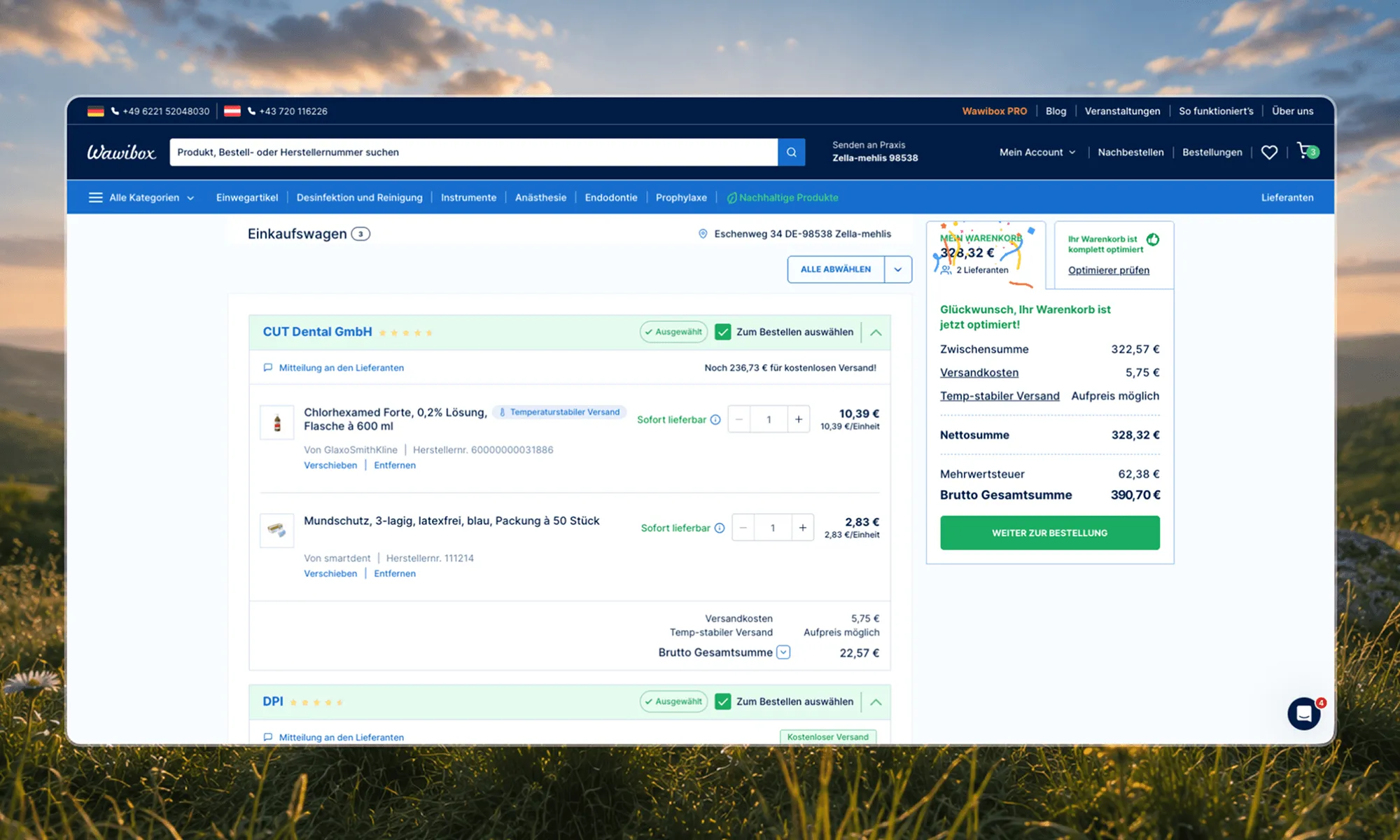 Wawibox cart optimizer recalculating an order across two suppliers with shipping and discounts applied