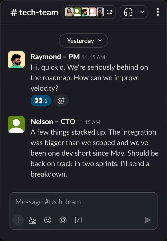 Slack thread in #tech-team. A PM asks why the roadmap is behind and how to improve velocity. The CTO answers that an integration was bigger than scoped and the team has been one developer short.
