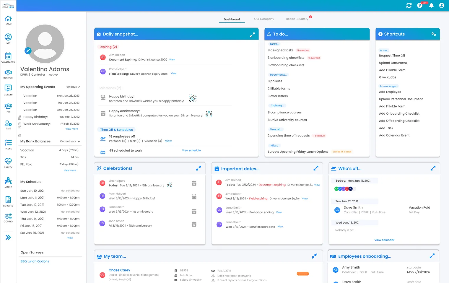 DriveHRIS dashboard before redesign