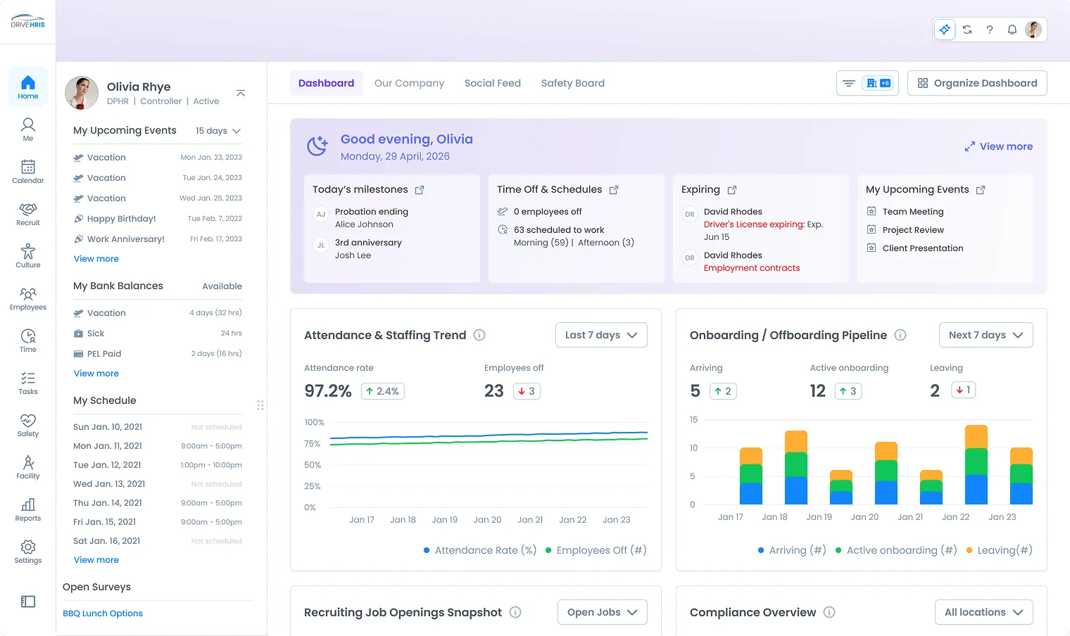 DriveHRIS dashboard after redesign